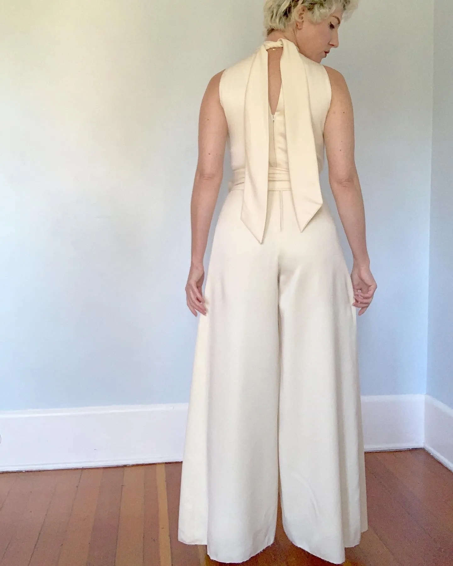 1960s Matte Cream Satin Wide Leg Tuxedo Jumpsuit with Wide Sash Belt by "Richmond Garden" for "Saks Fifth Avenue"