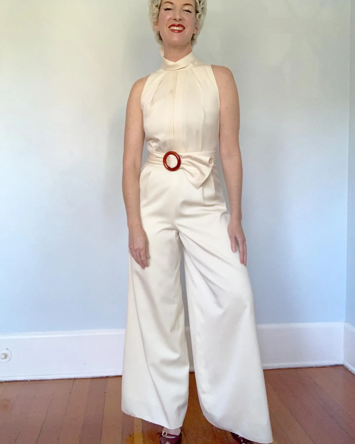 1960s Matte Cream Satin Wide Leg Tuxedo Jumpsuit with Wide Sash Belt by "Richmond Garden" for "Saks Fifth Avenue"