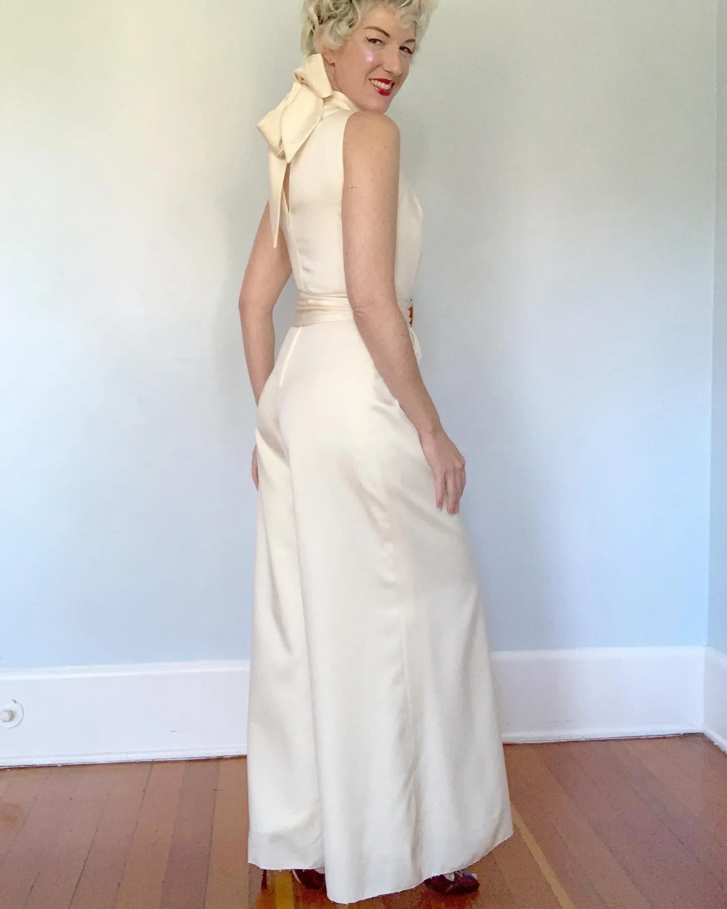 1960s Matte Cream Satin Wide Leg Tuxedo Jumpsuit with Wide Sash Belt by "Richmond Garden" for "Saks Fifth Avenue"