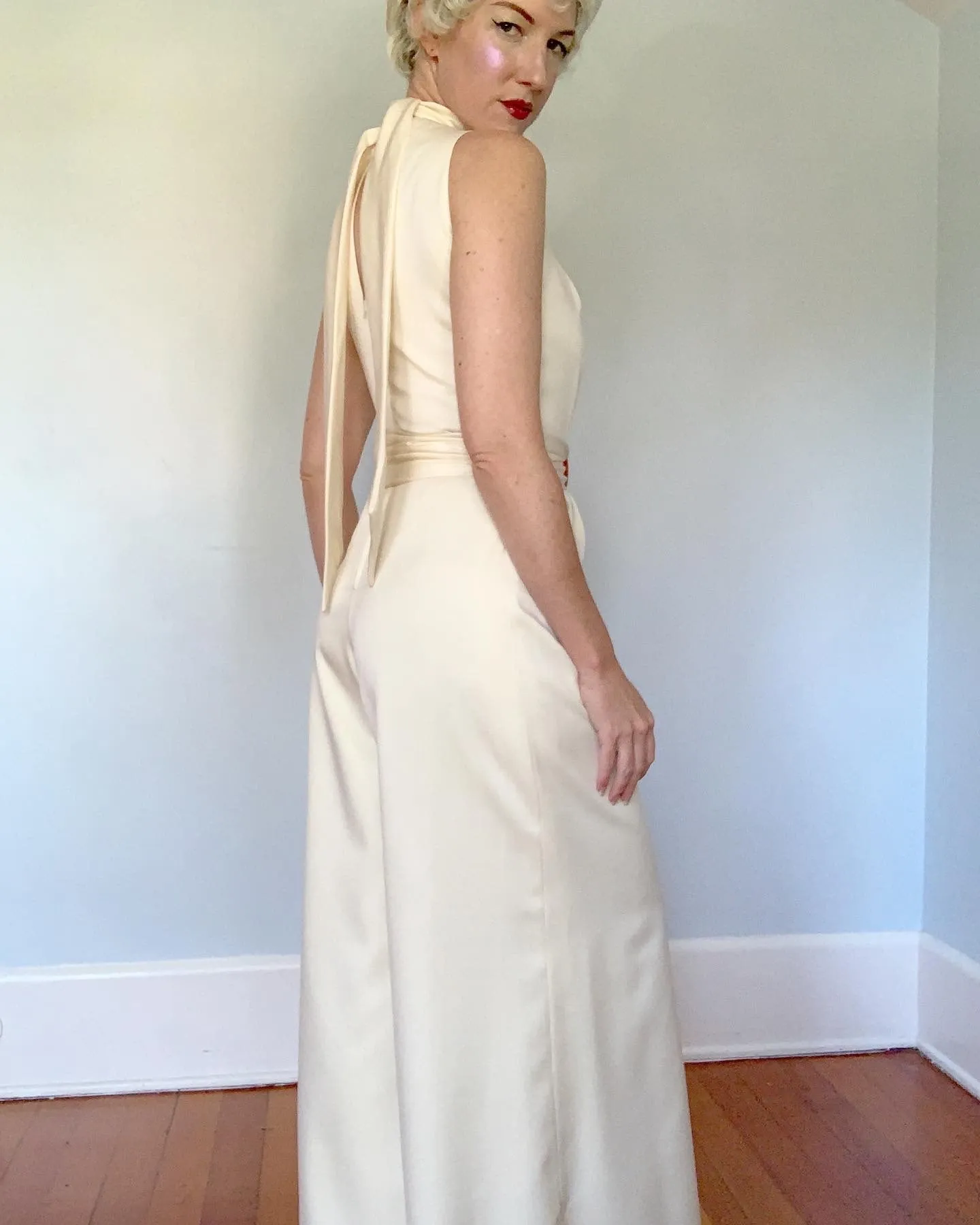 1960s Matte Cream Satin Wide Leg Tuxedo Jumpsuit with Wide Sash Belt by "Richmond Garden" for "Saks Fifth Avenue"