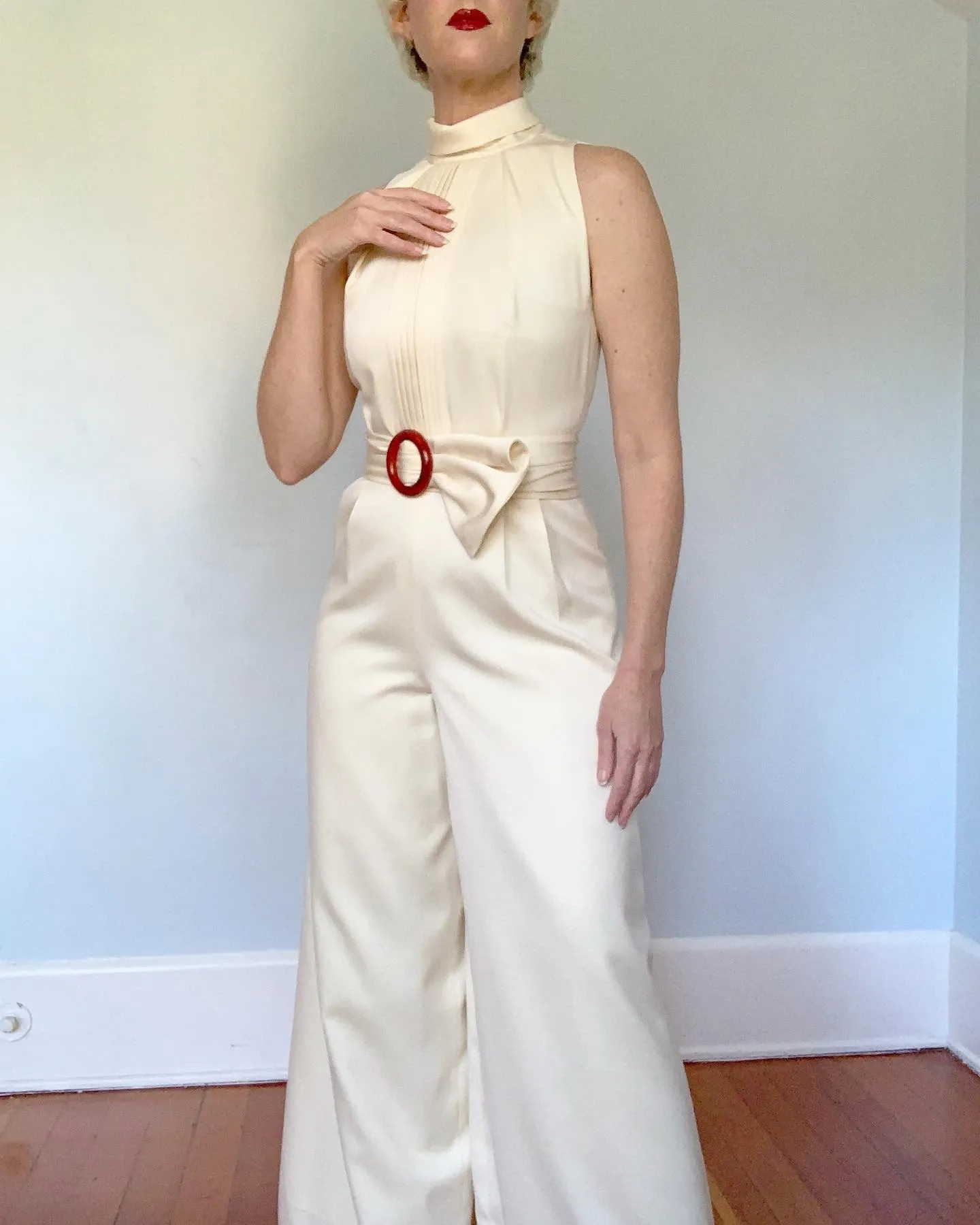 1960s Matte Cream Satin Wide Leg Tuxedo Jumpsuit with Wide Sash Belt by "Richmond Garden" for "Saks Fifth Avenue"