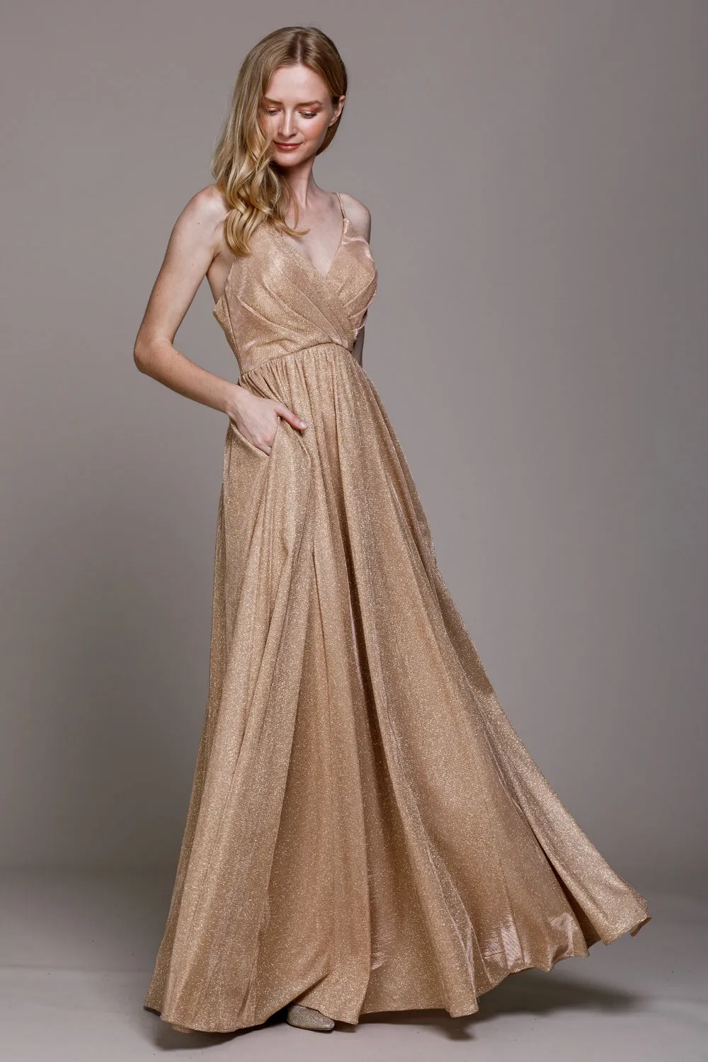 A-Line Glitter Side Zip V-Neck Long Bridesmaid & Prom Dress