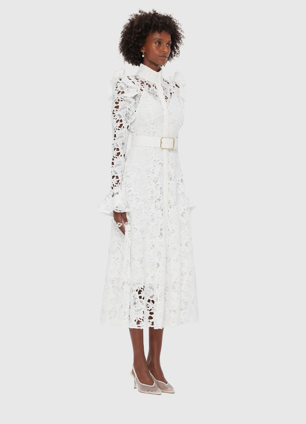 Aliyah Lace Butterfly Sleeve Midi Dress - Snow
