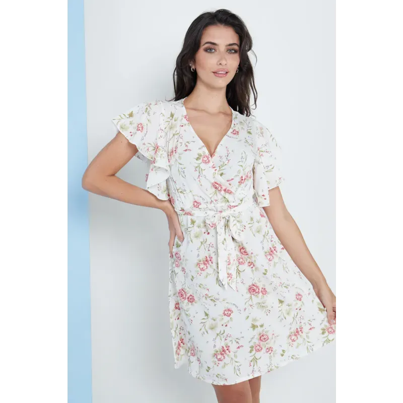 Angel Sleeves Wrap Dress In White Floral Print