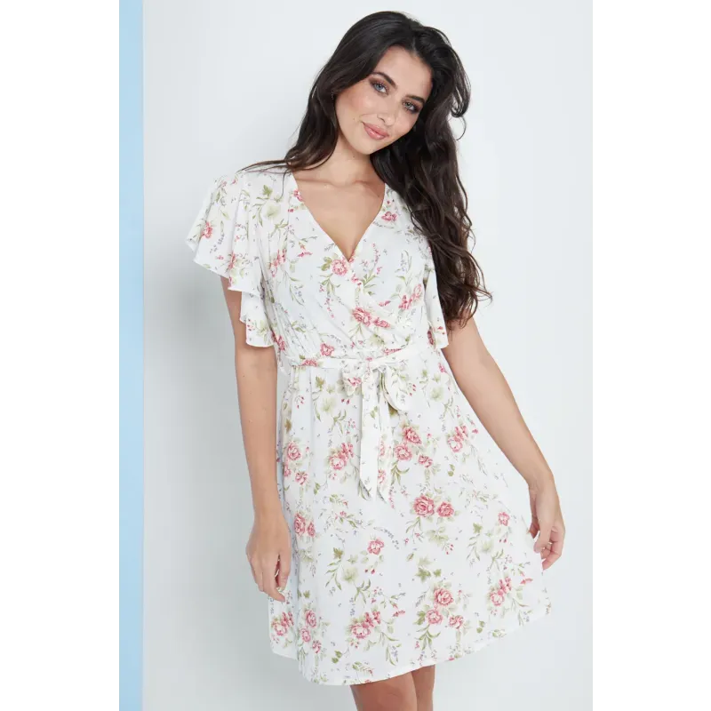 Angel Sleeves Wrap Dress In White Floral Print
