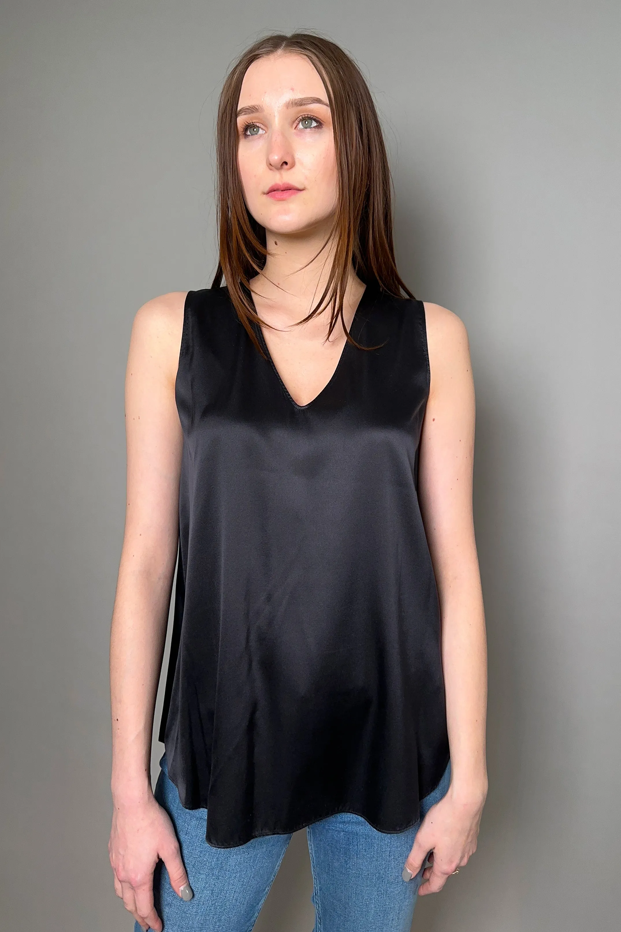 Antonelli Pecan Silk V-Neck Tank Top in Black