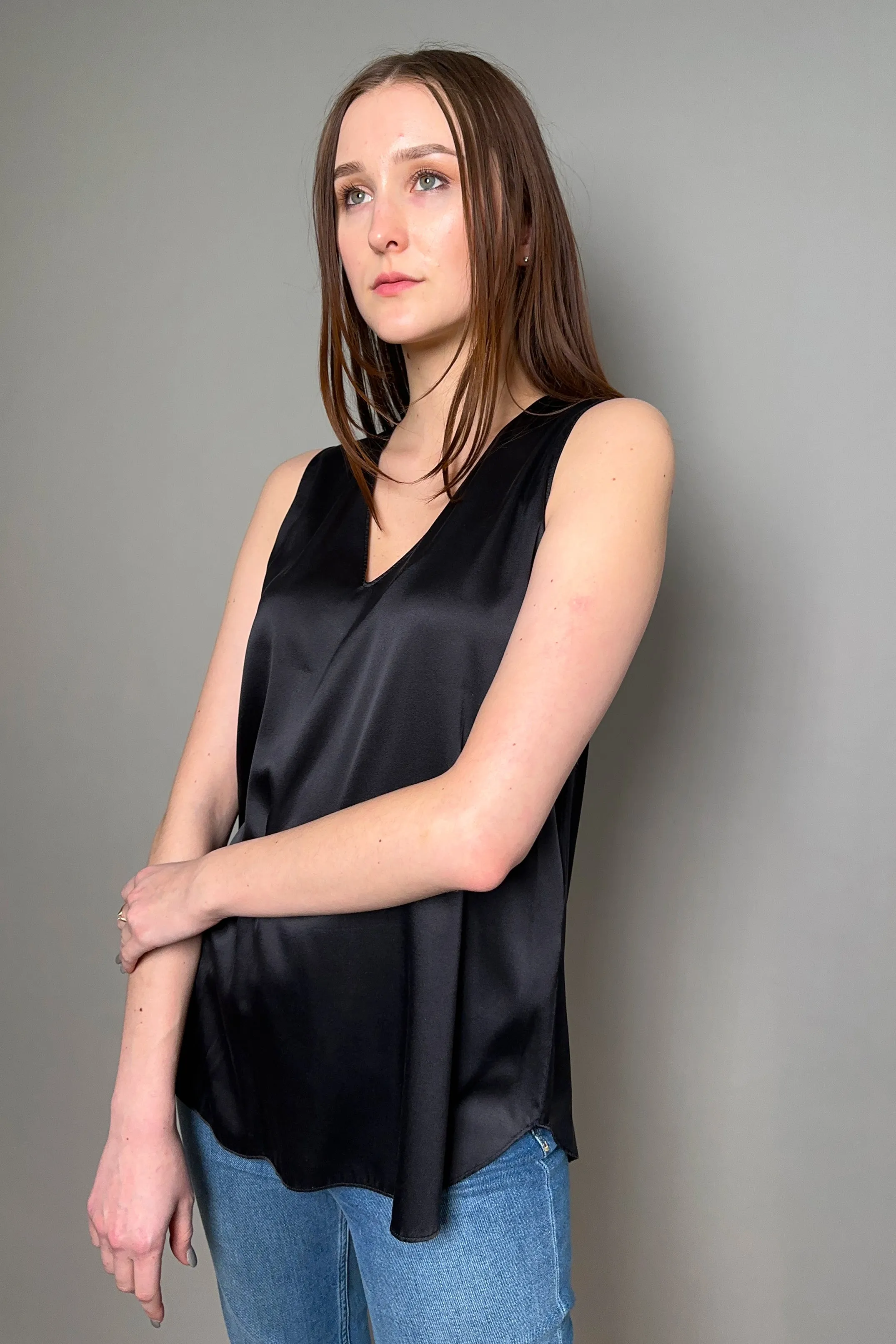 Antonelli Pecan Silk V-Neck Tank Top in Black