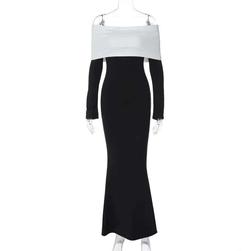 Black & White Off-the-Shoulder Maxi Dress with Long Sleeves