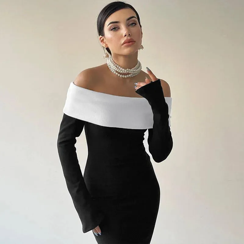 Black & White Off-the-Shoulder Maxi Dress with Long Sleeves