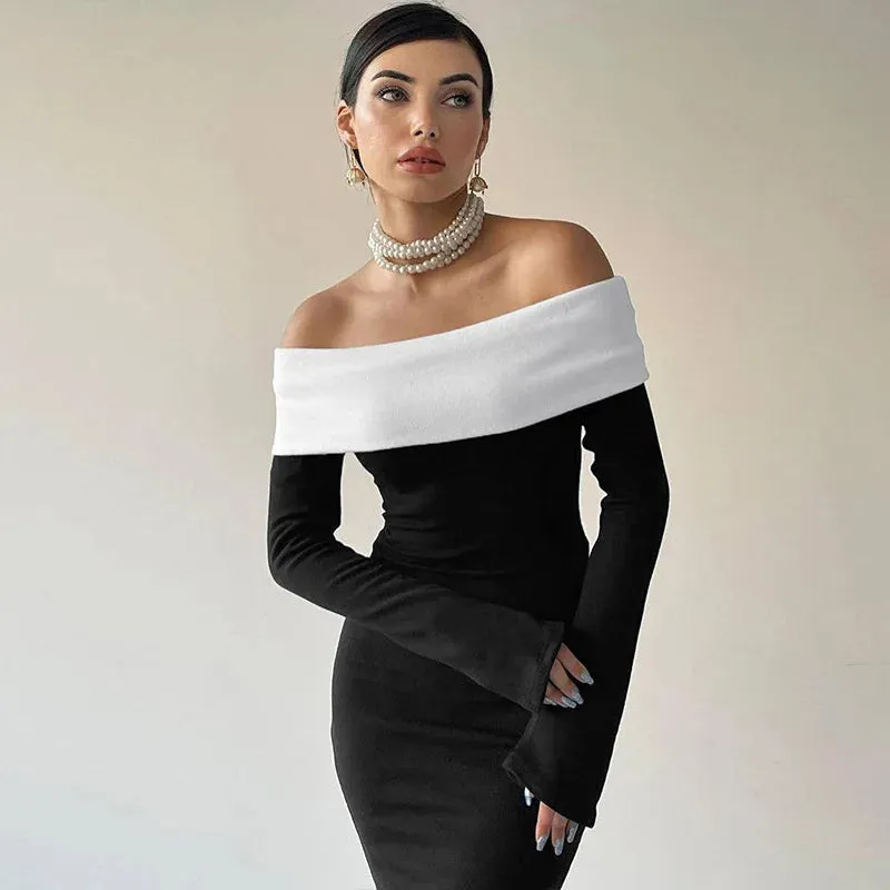 Black & White Off-the-Shoulder Maxi Dress with Long Sleeves
