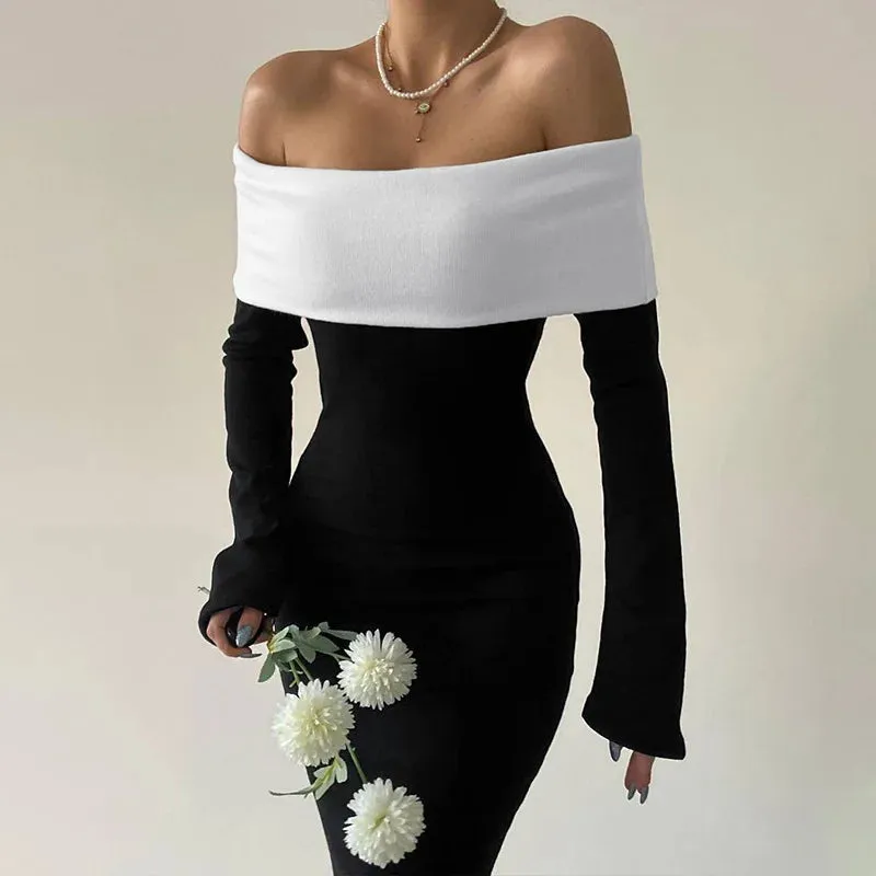 Black & White Off-the-Shoulder Maxi Dress with Long Sleeves