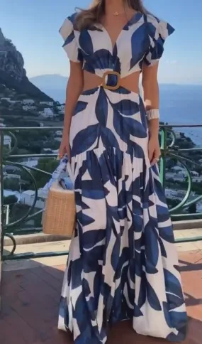 Blue And White Printed Waistless Dress