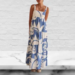 Bohemian Style Geometric Print Back Smocked Loose Maxi Dress