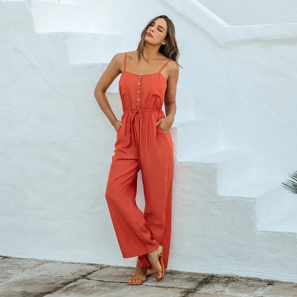 Buttoned Belted Drawstring Cami Jumpsuit