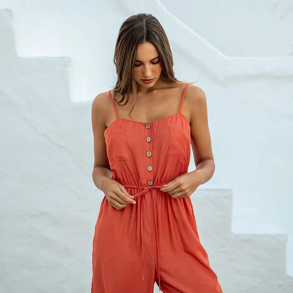 Buttoned Belted Drawstring Cami Jumpsuit
