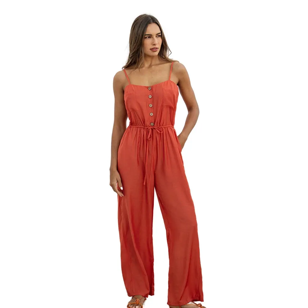 Buttoned Belted Drawstring Cami Jumpsuit