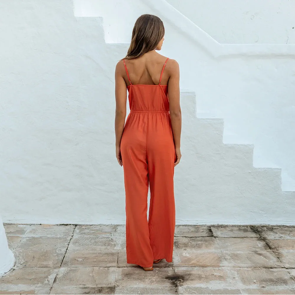 Buttoned Belted Drawstring Cami Jumpsuit