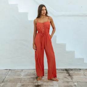 Buttoned Belted Drawstring Cami Jumpsuit