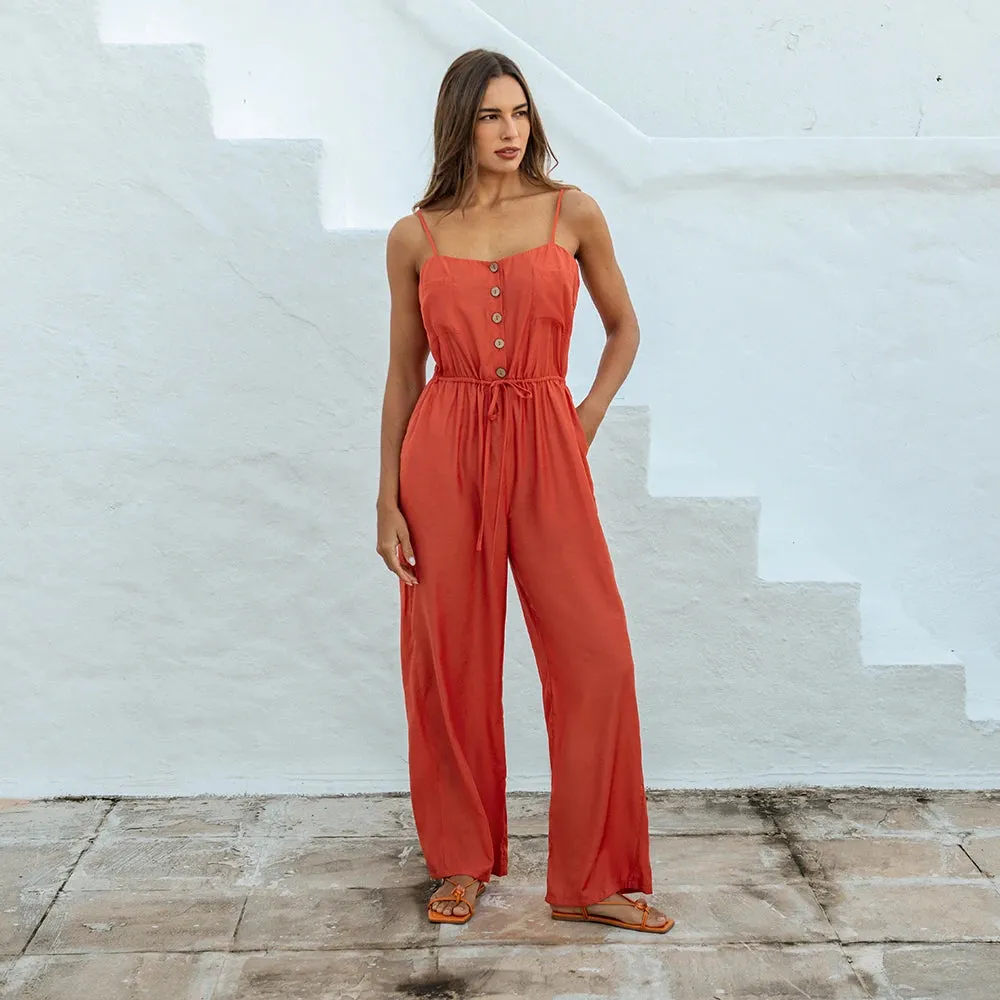 Buttoned Belted Drawstring Cami Jumpsuit