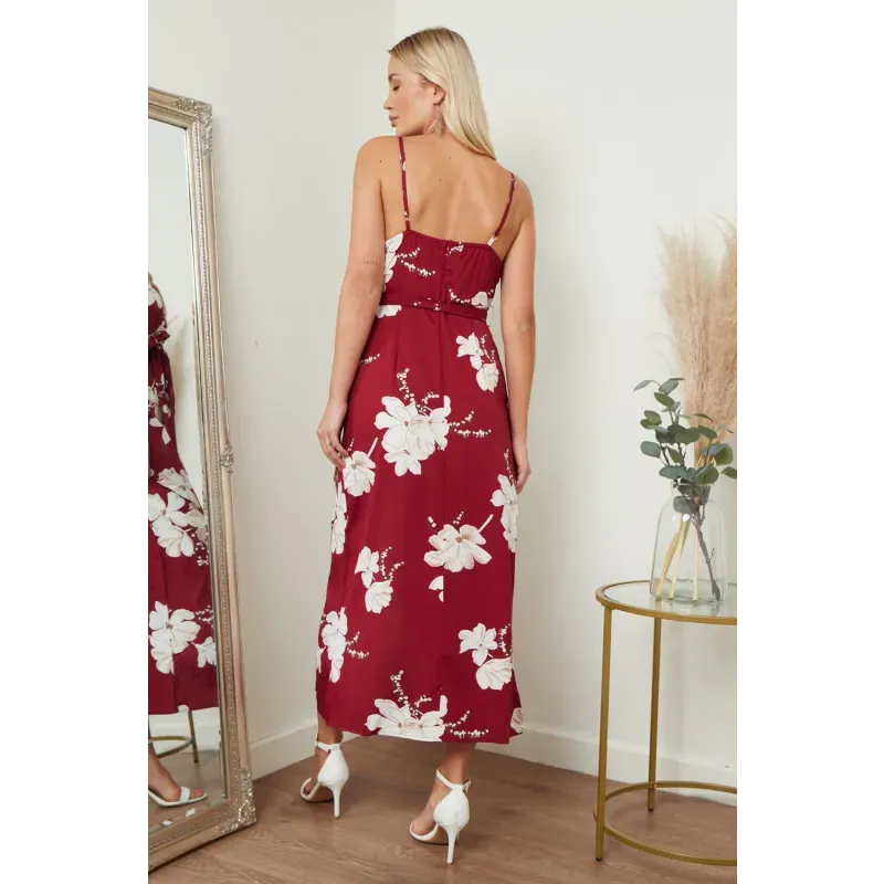 Cami Wrap Midi Dress In Red Floral Print