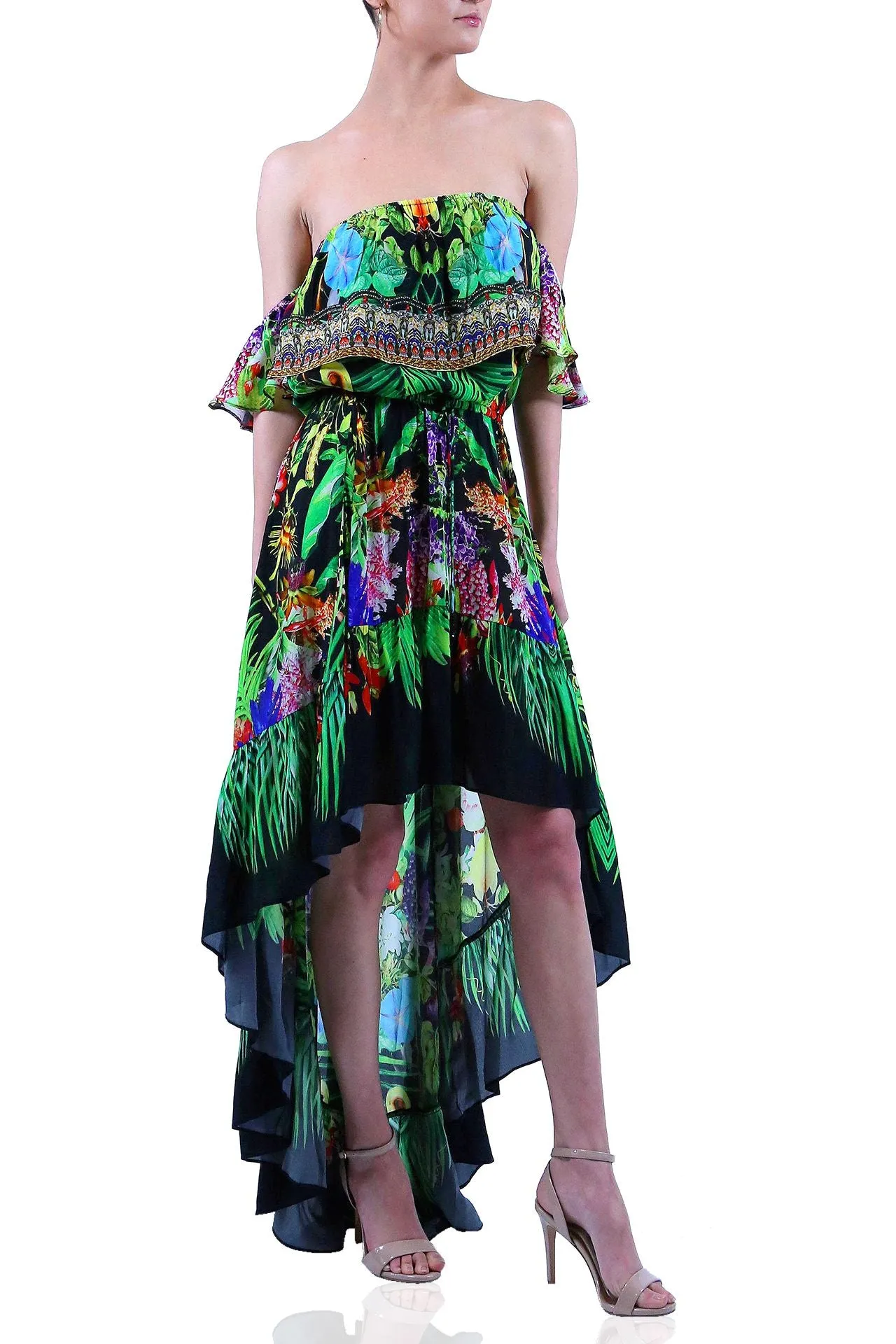Caviar Black Printed Ruffle  Off Shoulder Dress