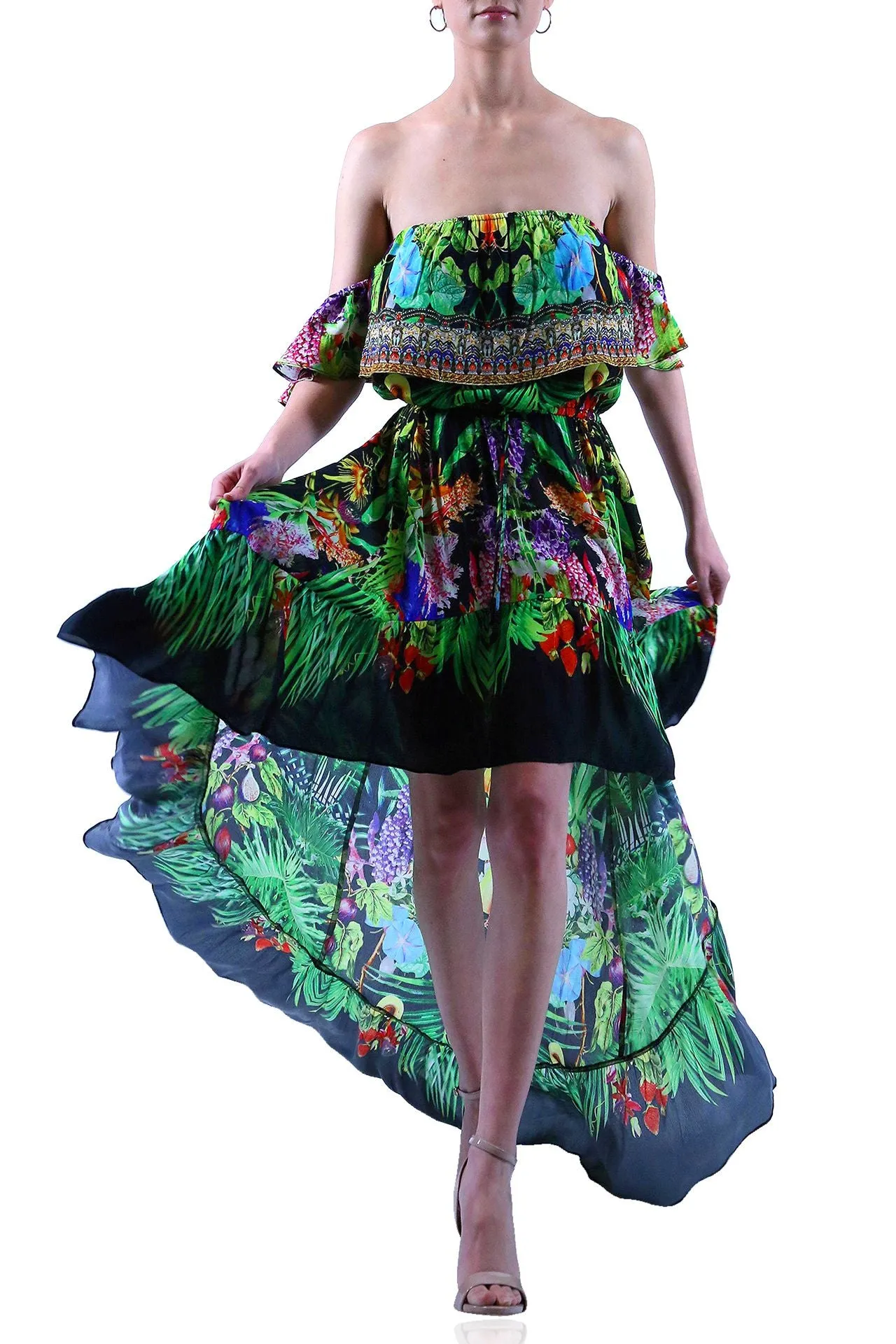 Caviar Black Printed Ruffle  Off Shoulder Dress
