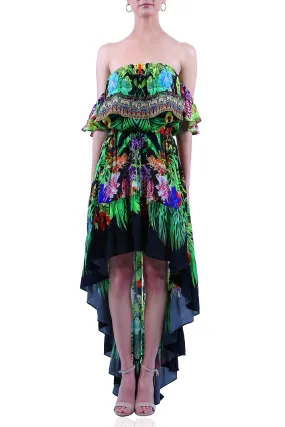 Caviar Black Printed Ruffle  Off Shoulder Dress