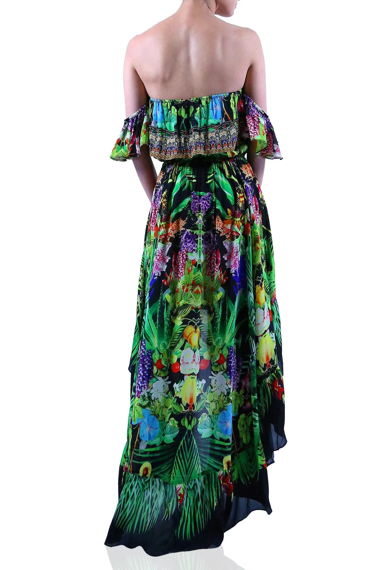 Caviar Black Printed Ruffle  Off Shoulder Dress