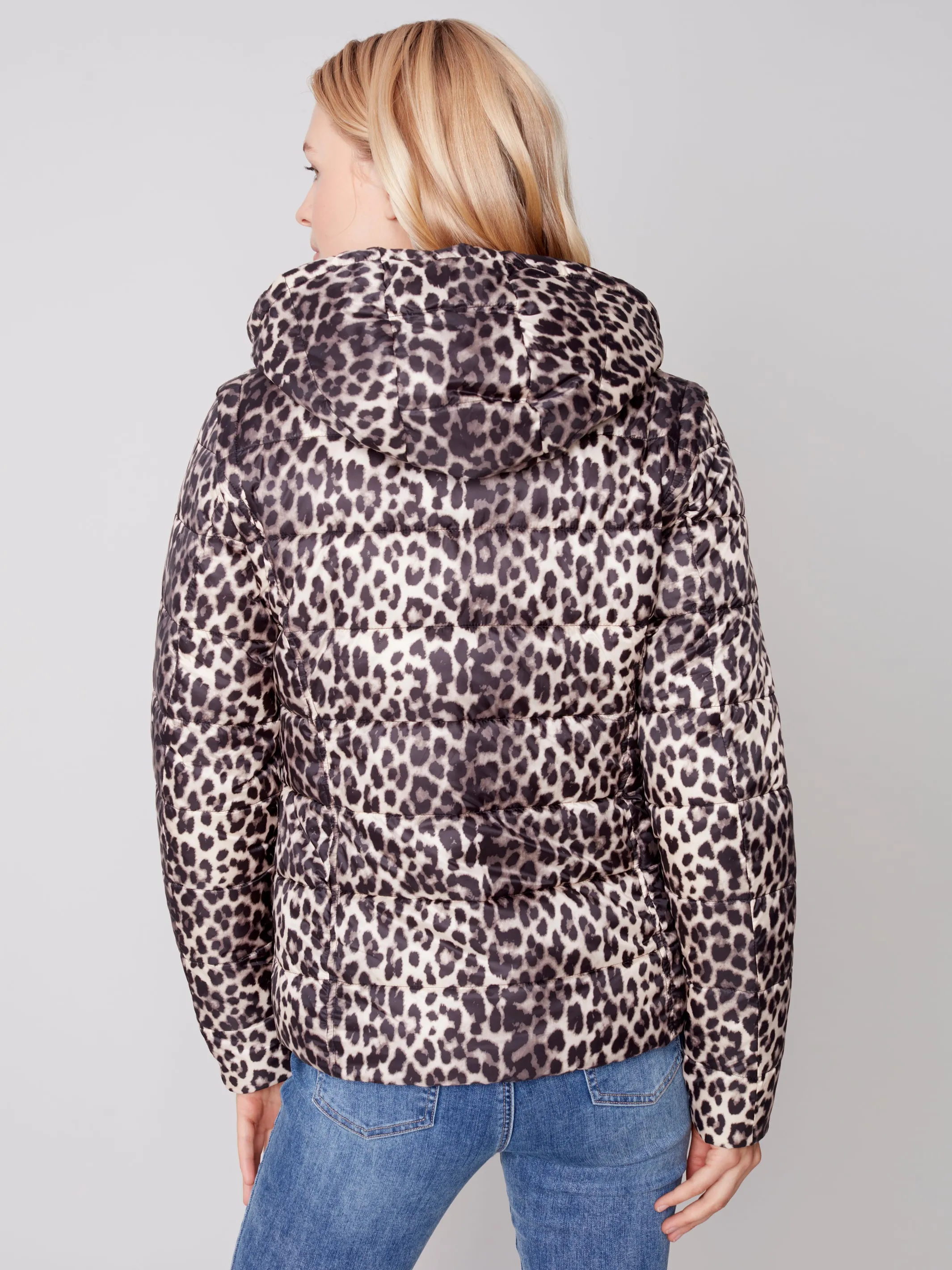 Charlie B Fall 2023-C6152X-903A- Reversible Puffer Jacket-Black/Cheetah