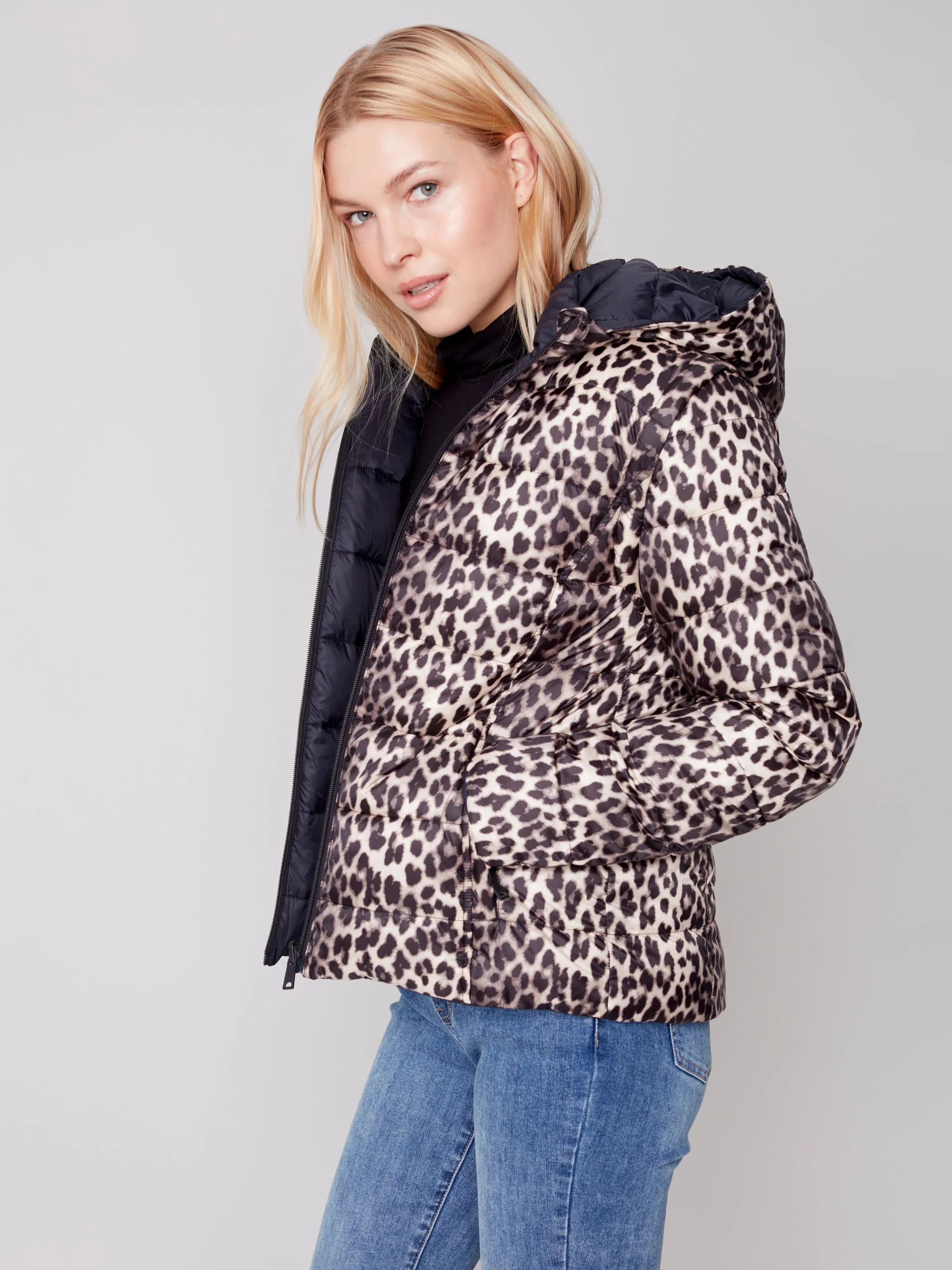 Charlie B Fall 2023-C6152X-903A- Reversible Puffer Jacket-Black/Cheetah