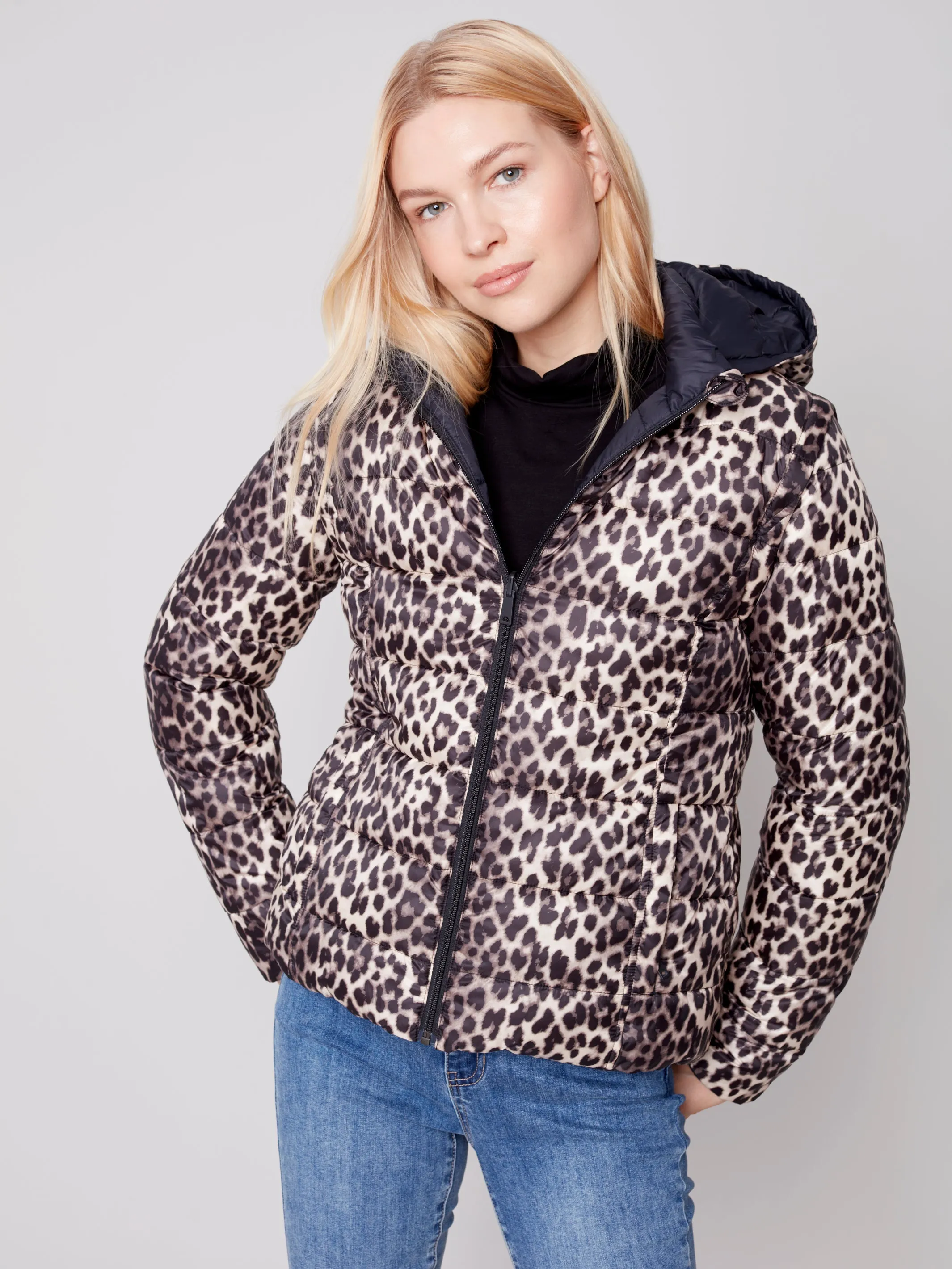 Charlie B Fall 2023-C6152X-903A- Reversible Puffer Jacket-Black/Cheetah