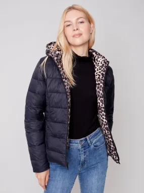 Charlie B Fall 2023-C6152X-903A- Reversible Puffer Jacket-Black/Cheetah
