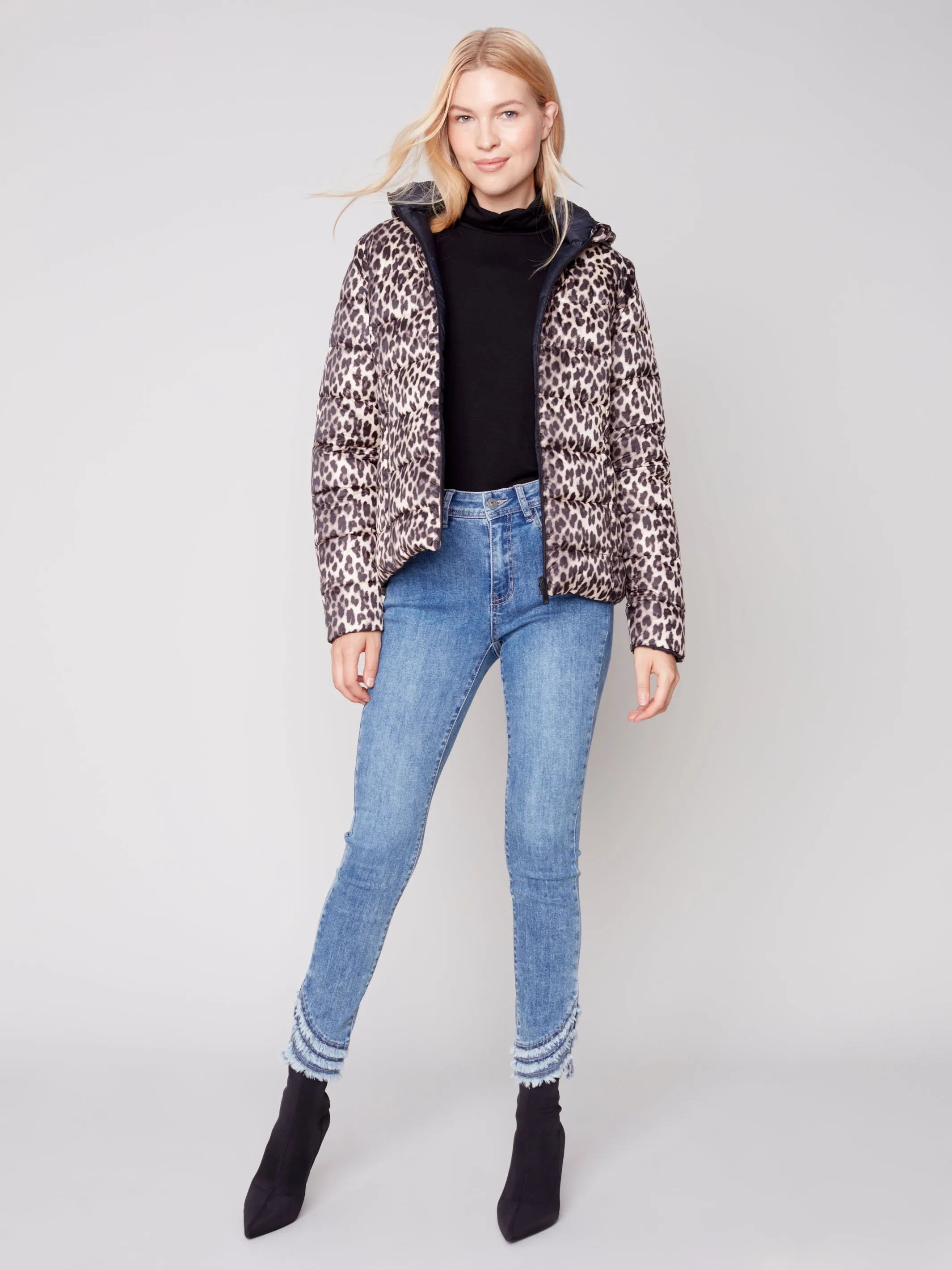 Charlie B Fall 2023-C6152X-903A- Reversible Puffer Jacket-Black/Cheetah