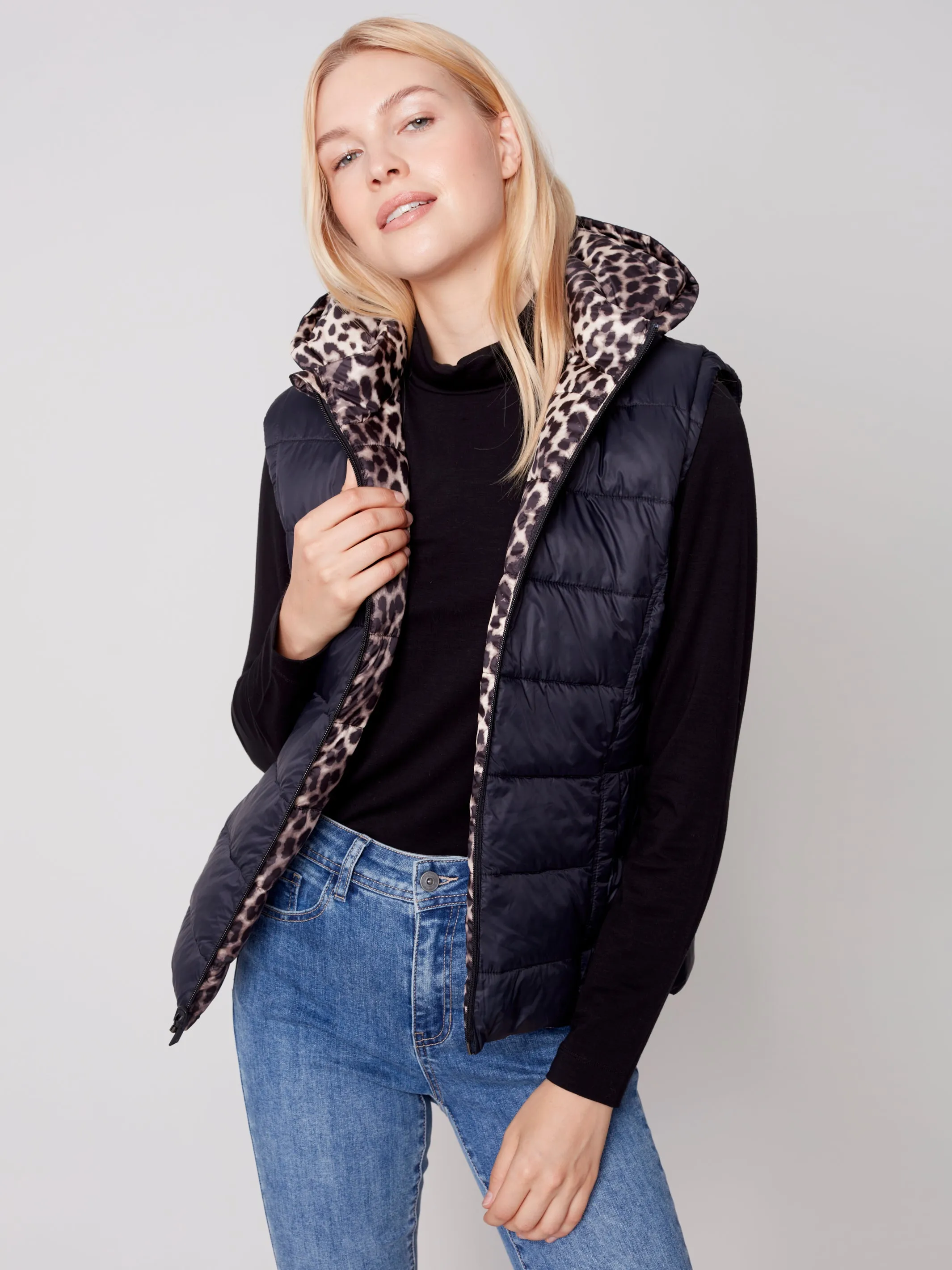 Charlie B Fall 2023-C6152X-903A- Reversible Puffer Jacket-Black/Cheetah