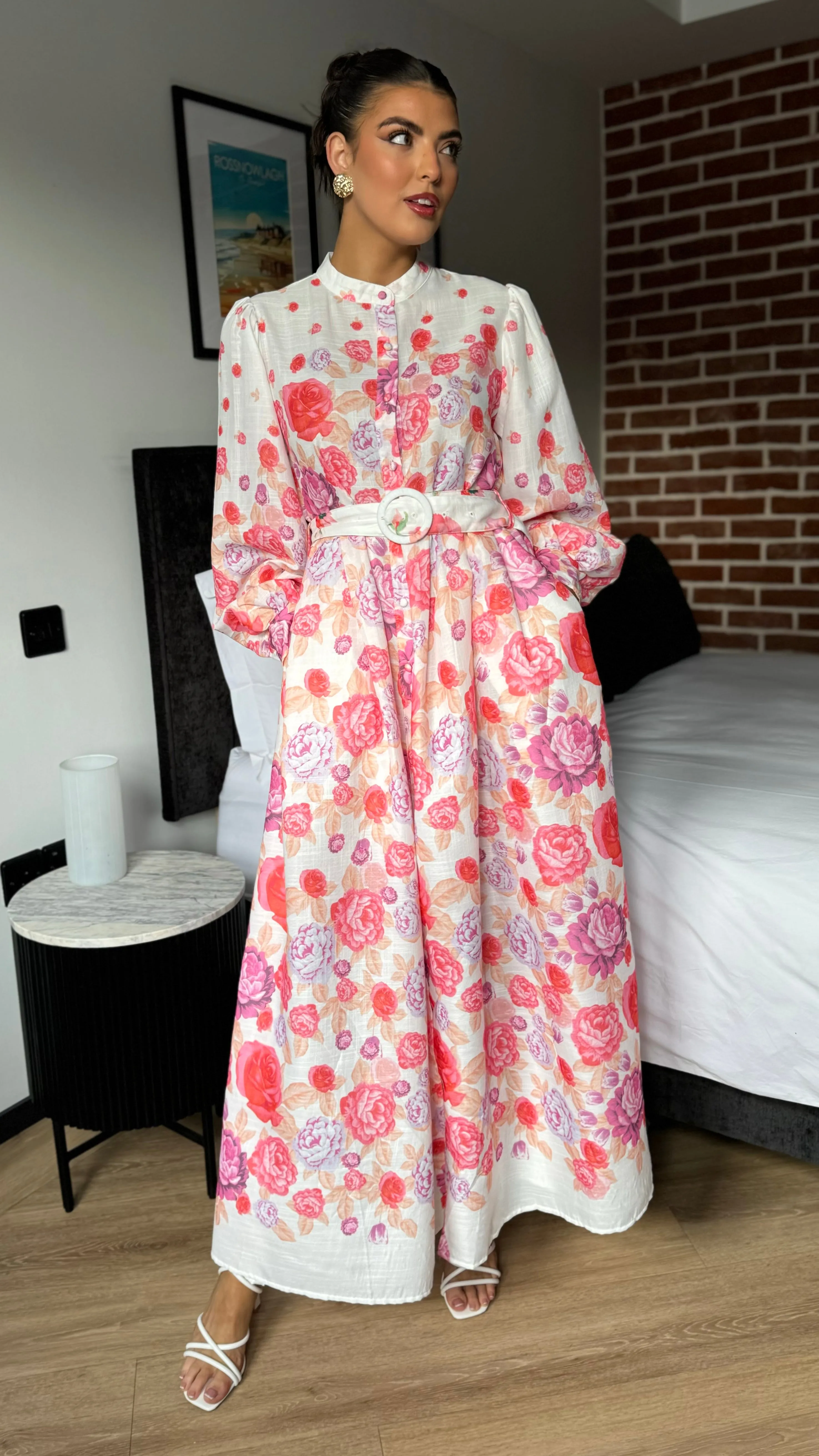 Coraline Red & Purple Floral Printed Belted Midi Dress
