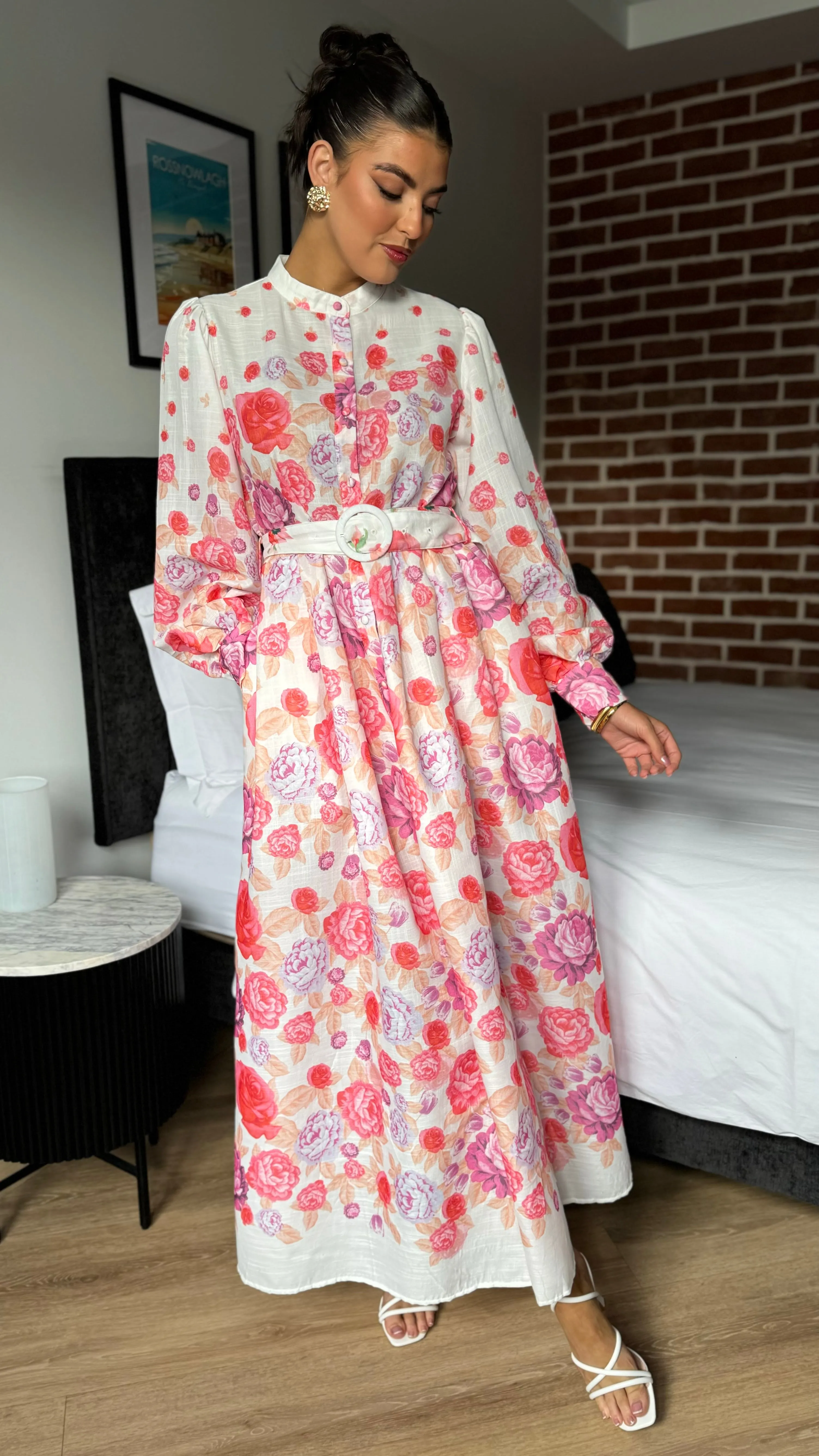 Coraline Red & Purple Floral Printed Belted Midi Dress
