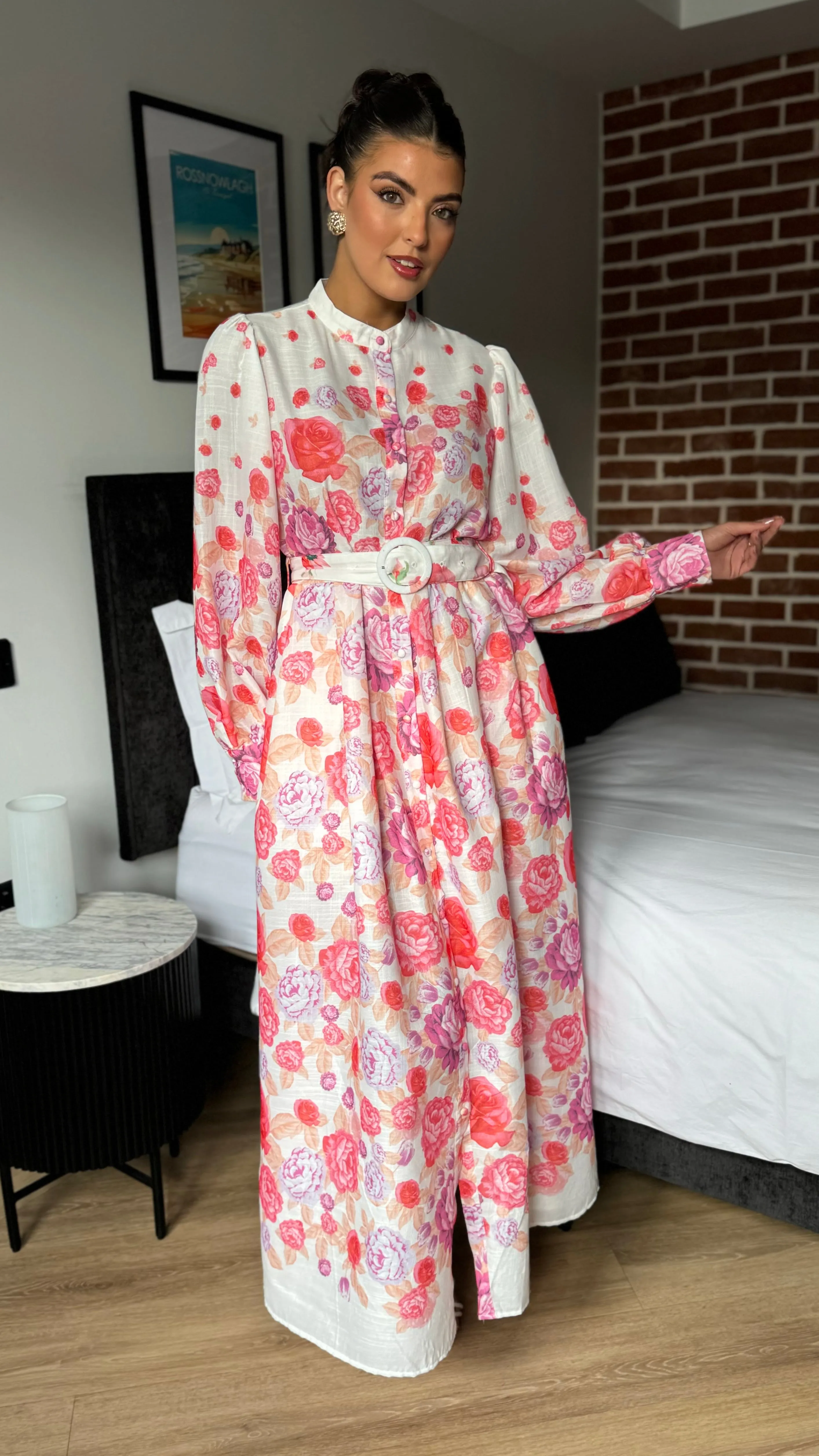 Coraline Red & Purple Floral Printed Belted Midi Dress
