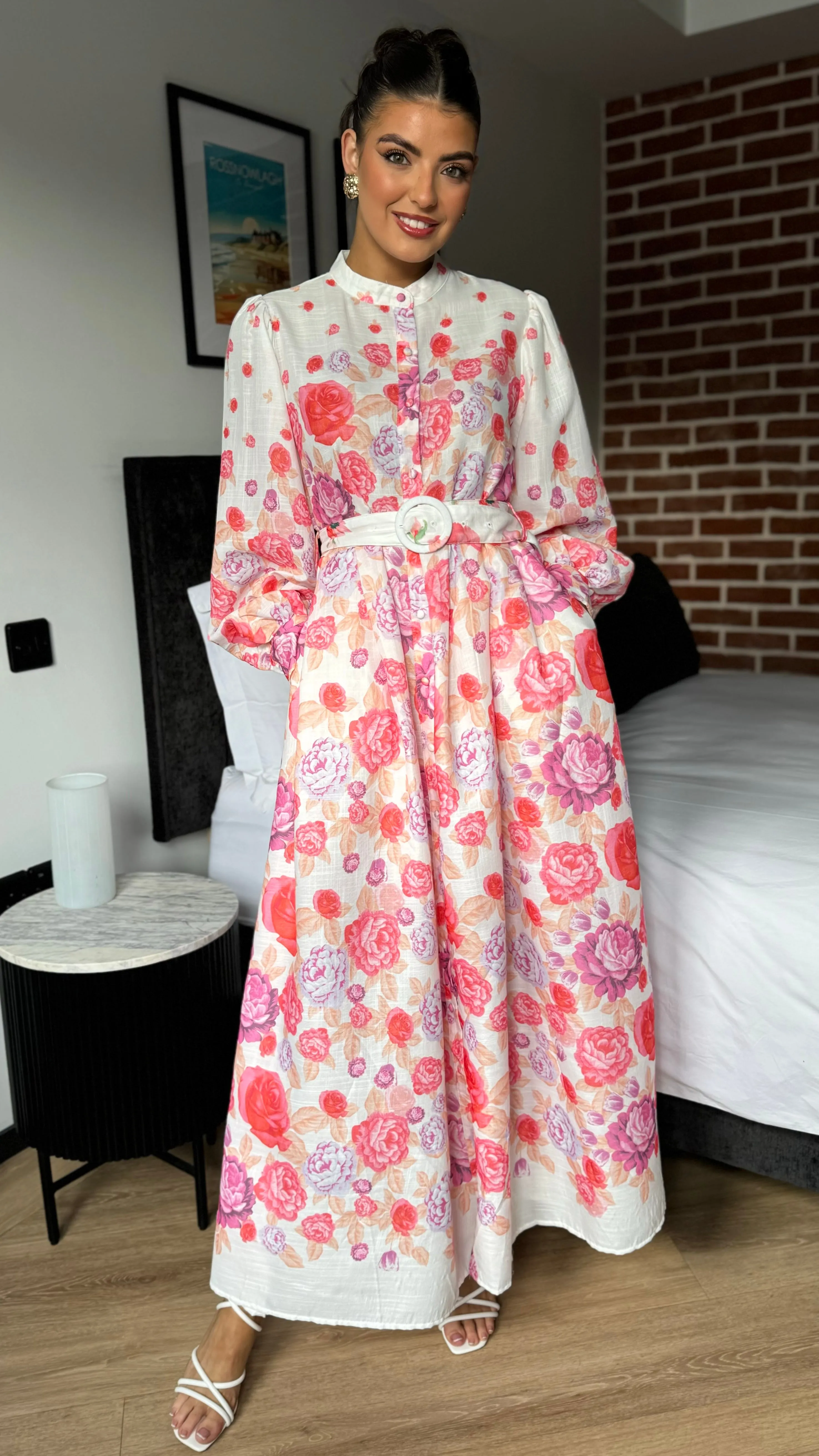 Coraline Red & Purple Floral Printed Belted Midi Dress