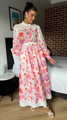 Coraline Red & Purple Floral Printed Belted Midi Dress