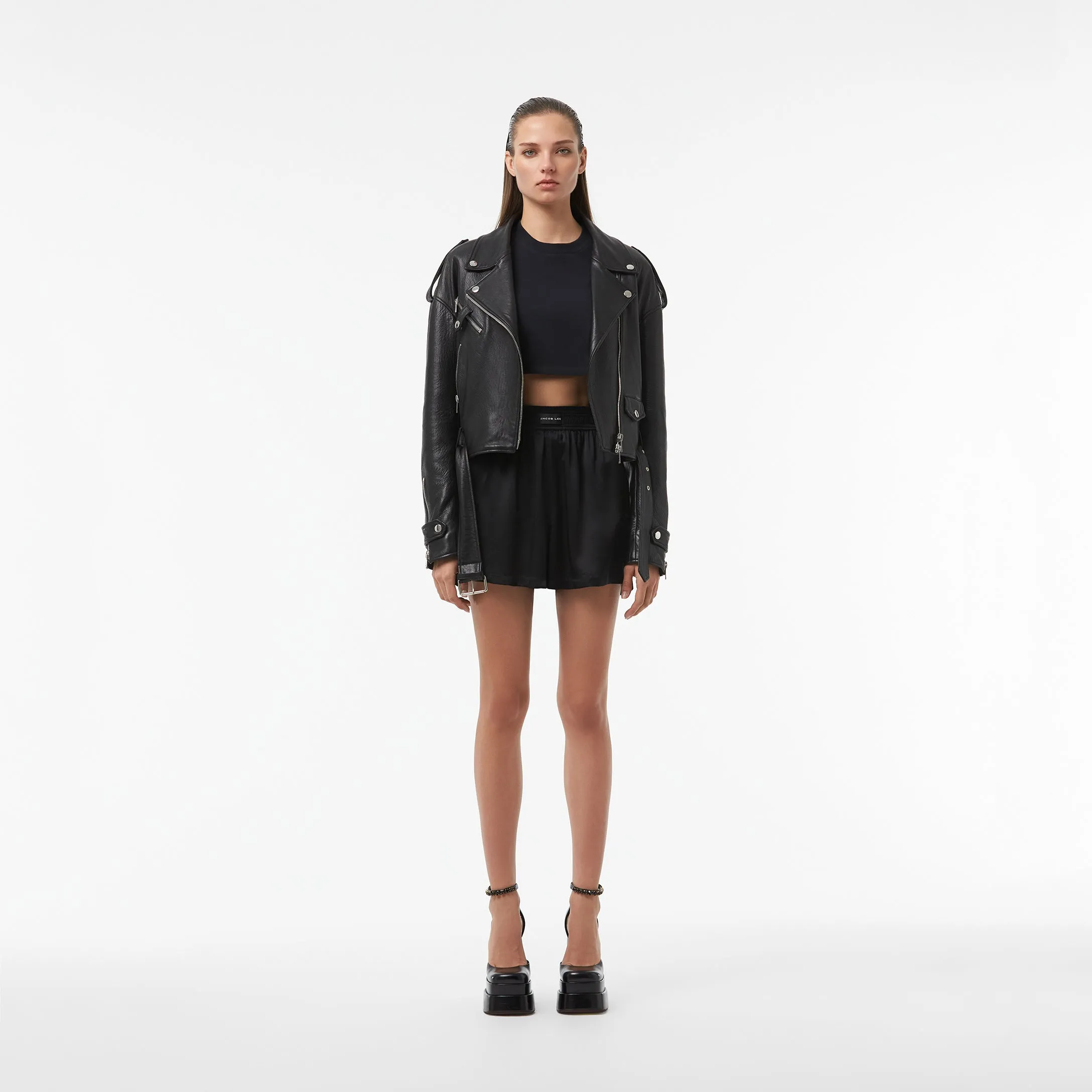 CROPPED BIKER JACKET IN BLACK LAMBSKIN