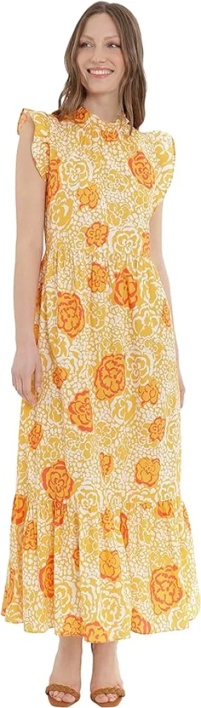 Donna Morgan Ruffle Details Crew Neck Pockets Floral Print Zipper Back Cotton Dress