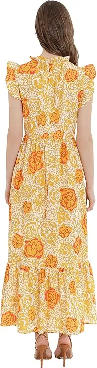 Donna Morgan Ruffle Details Crew Neck Pockets Floral Print Zipper Back Cotton Dress