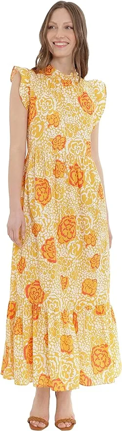 Donna Morgan Ruffle Details Crew Neck Pockets Floral Print Zipper Back Cotton Dress
