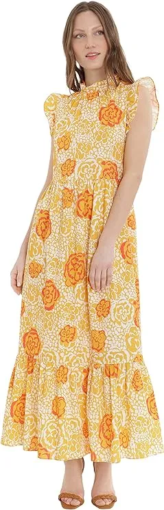 Donna Morgan Ruffle Details Crew Neck Pockets Floral Print Zipper Back Cotton Dress