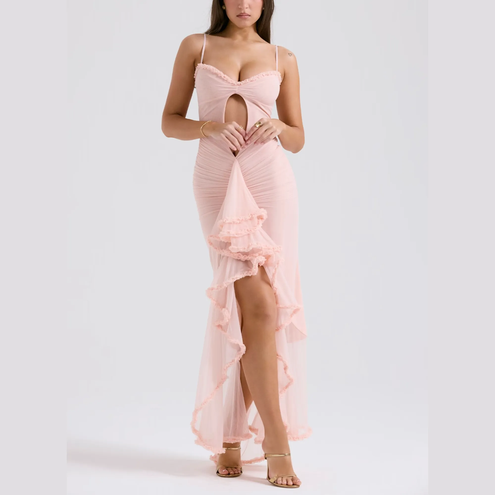 Elvira - Pink Spaghetti Strap Mesh High Low Bodycon Dress