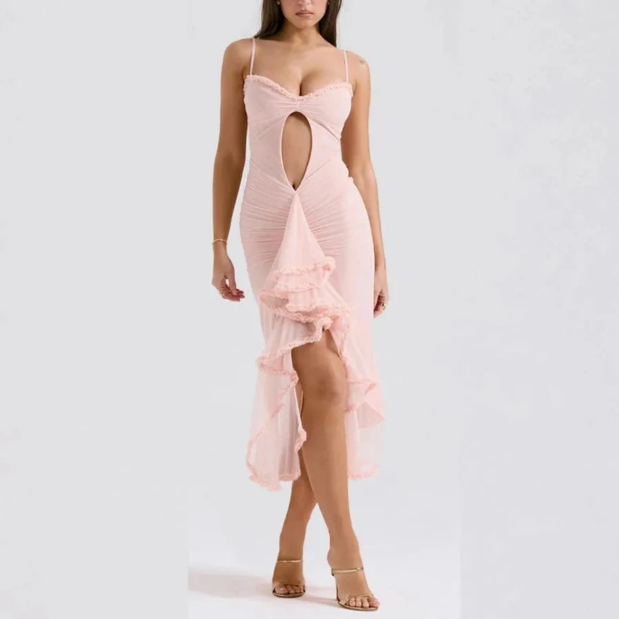 Elvira - Pink Spaghetti Strap Mesh High Low Bodycon Dress