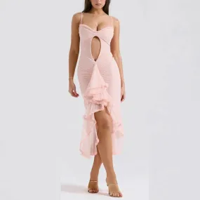 Elvira - Pink Spaghetti Strap Mesh High Low Bodycon Dress