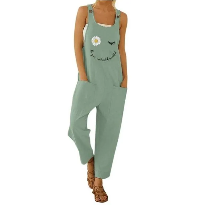 Floral Daisy Print Pocket Romper Long Button Jumpsuit