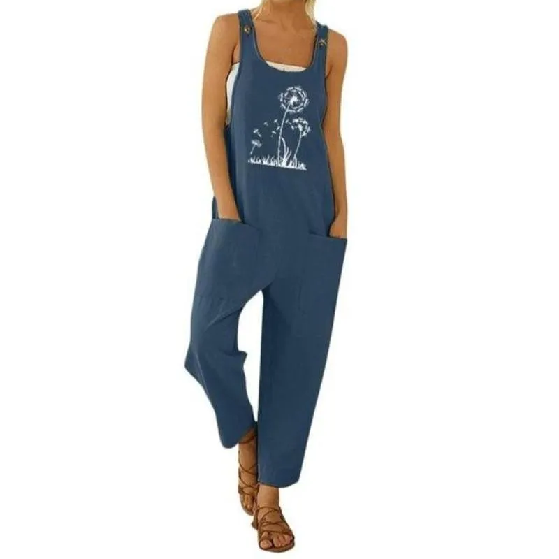 Floral Daisy Print Pocket Romper Long Button Jumpsuit