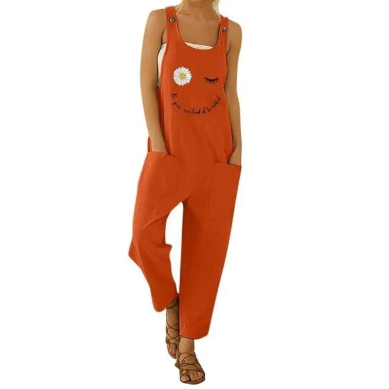 Floral Daisy Print Pocket Romper Long Button Jumpsuit